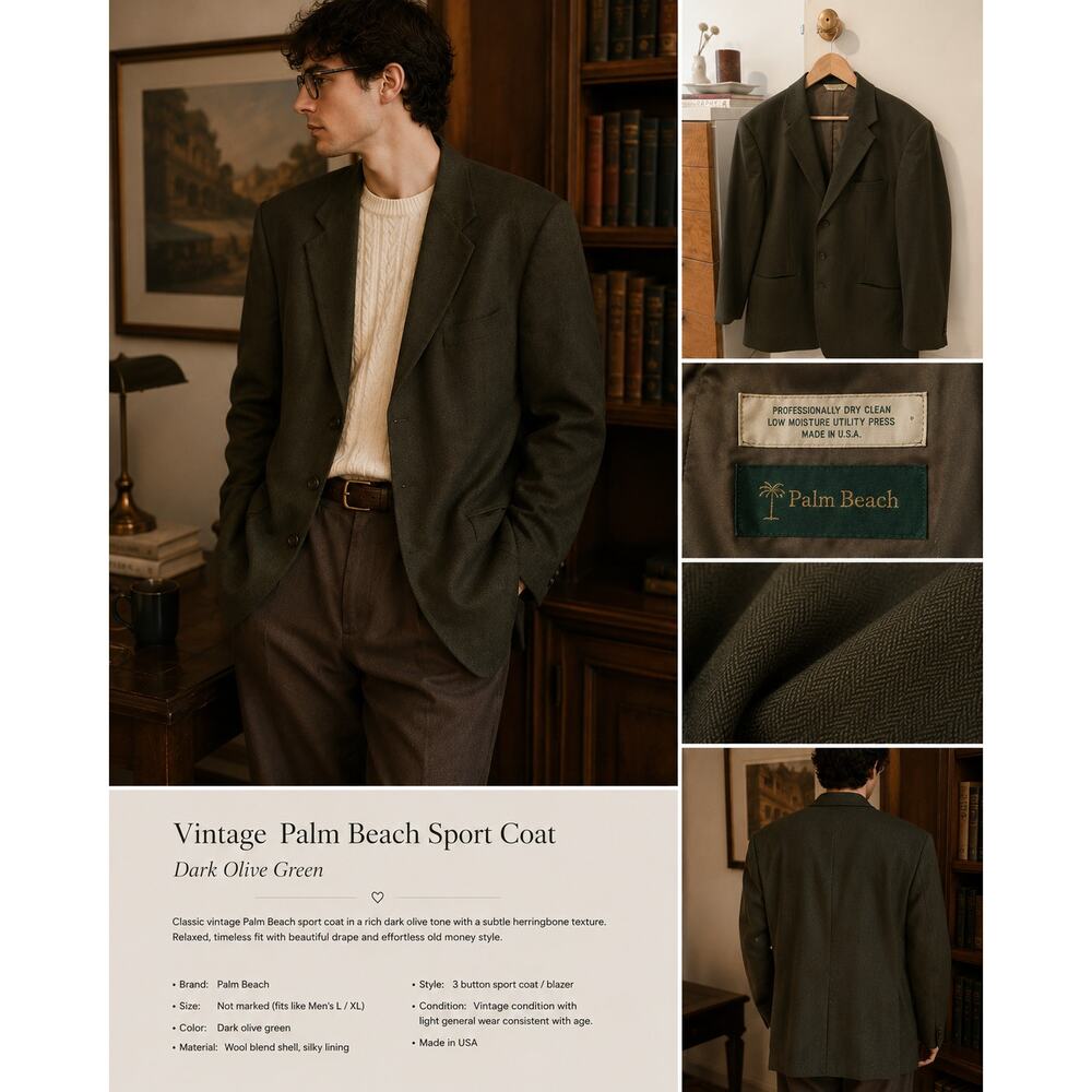Vintage Palm Beach Dark Olive Wool Blend Sport Coat Blazer ✨